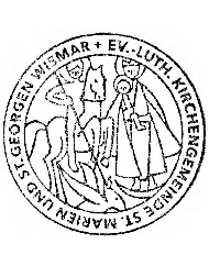 Das Siegelbild der Ev.-Luth. Kirchengemeinde St. Marien und St. Georgen Wismar zeigt die Heilige Maria neben dem Heiligen Georg, der auf einem Pferd reitend den Drachen t&ouml;tet.